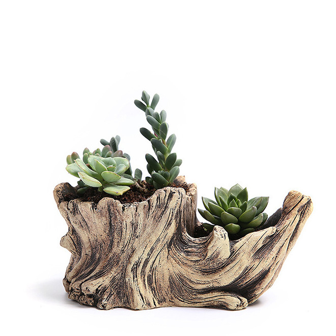 HOT Faux Log Driftwood Planter Creative Vintage Imitate Wood Cement Flower Pot Container for Office Tabletop Decoration