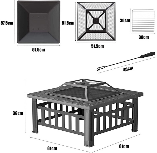 Dropshipping 32 Inch Fire Pit Table Square Metal Firepit Outdoor Wood Burning Large Steel Bonfire Pit for Patio Backyard Garden