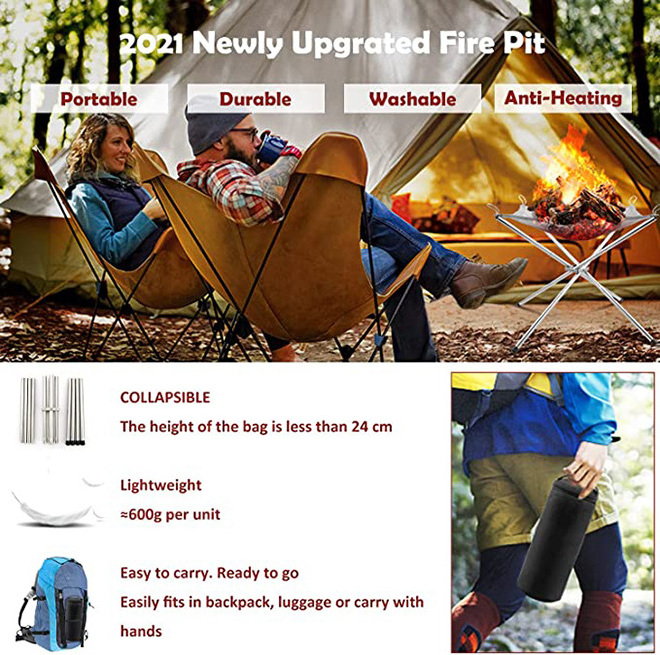 NEW Outdoor Portable Fire Pit Collapsible Stainless Steel Mesh Fireplace Outdoor Campfire Pit Wood Burning Carrying Bag Included