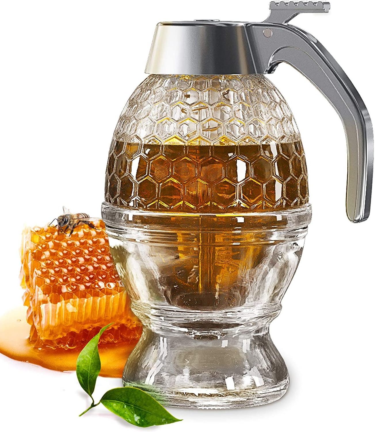 Wholesale Honey Dispenser Syrup Dispenser Pot No Drip Syrup Dispenser Jar with Stand with Stainless Steel Top for Home Kitchen