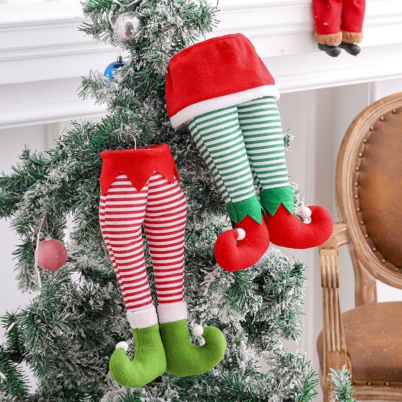 2021 New Xmas Tree Themed Ornaments,Plush Elf Legs,Cute Elf Christmas Tree Skirt with Candy Striped Legs for Home Party Decor