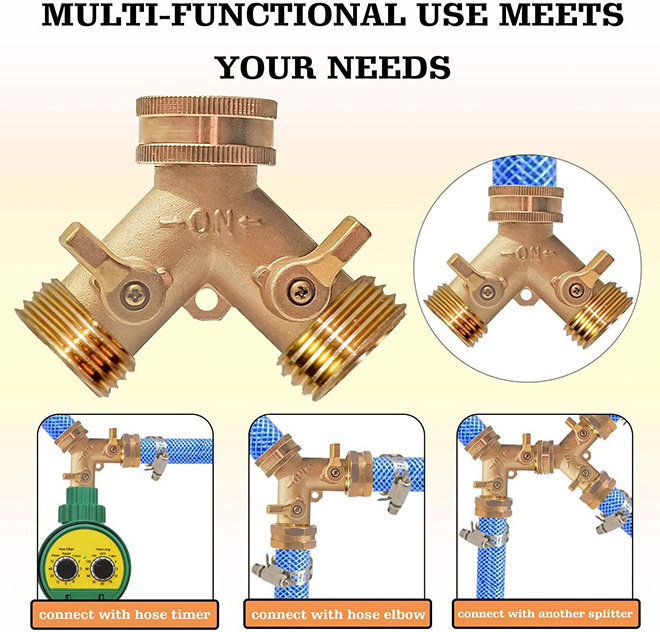 HOT Heavy Duty  Zinc Alloy Garden Hose Connector Tap Splitter 2 Way Hose Spigot Adapter with 2 Valves Plus 4 Rubber Washers