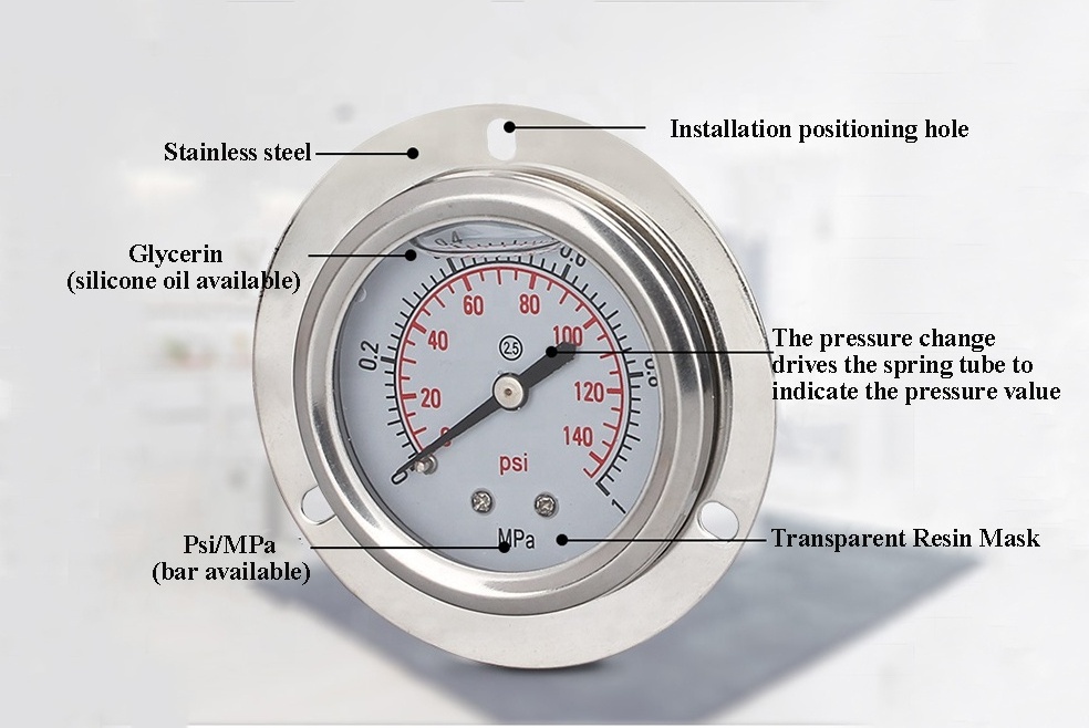 Back Connect Panel Mount Oil Filled Pressure Gauge With Front Flange Stainless Steel Fuel Oil Water Pressure Gauge Gage