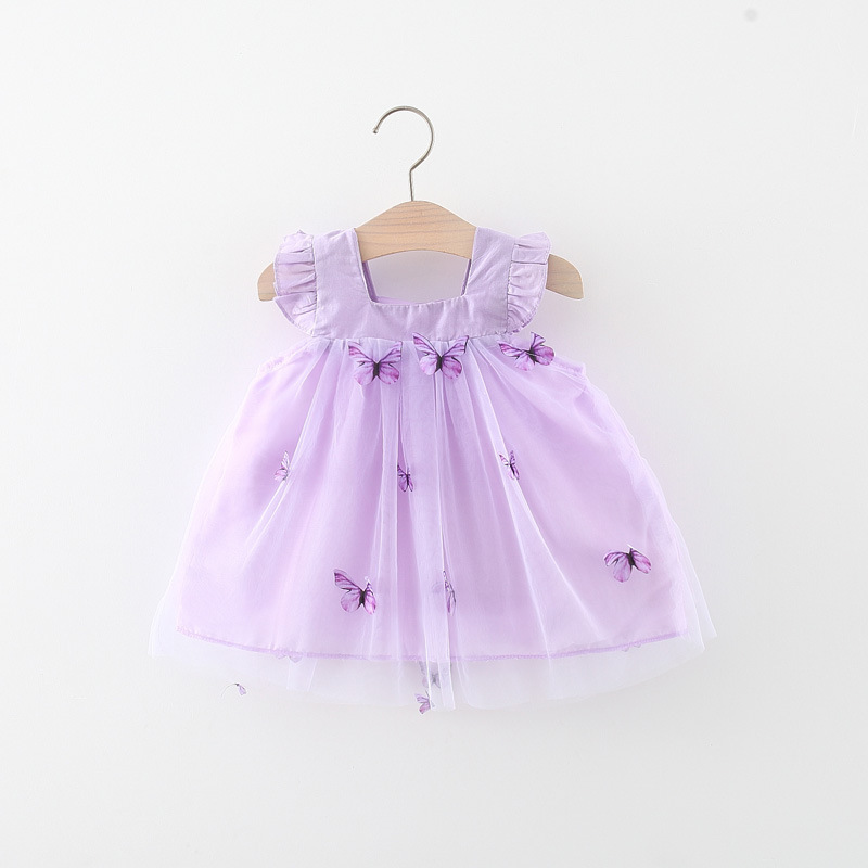 2023  Summer Wholesale Boutique Girls Sweet Dress Fly Sleeve Square Neck 3D Butterfly Tutu Tulle Dress Infant Clothing