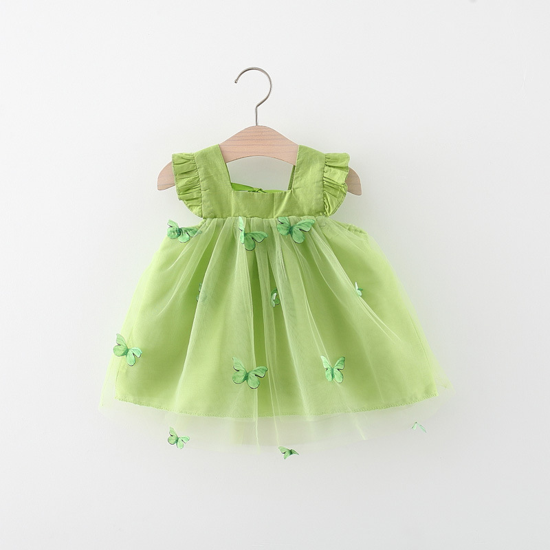 2023  Summer Wholesale Boutique Girls Sweet Dress Fly Sleeve Square Neck 3D Butterfly Tutu Tulle Dress Infant Clothing