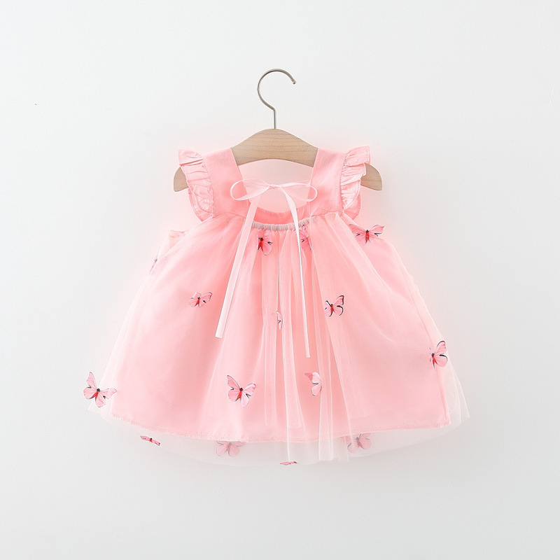 2023  Summer Wholesale Boutique Girls Sweet Dress Fly Sleeve Square Neck 3D Butterfly Tutu Tulle Dress Infant Clothing