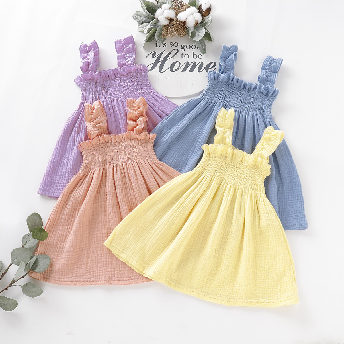 Girls Sling Dresses Summer Children Clothes 2022 Ruffles Toddler Solid Frock Baby Cotton Sleeveless Kids Princess Sundress