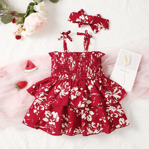 2023 Holiday Style Newborn Clothing Fashion Sling Infant Flower Printed Cake Skirt + Headband Baby Girls Princess Dress