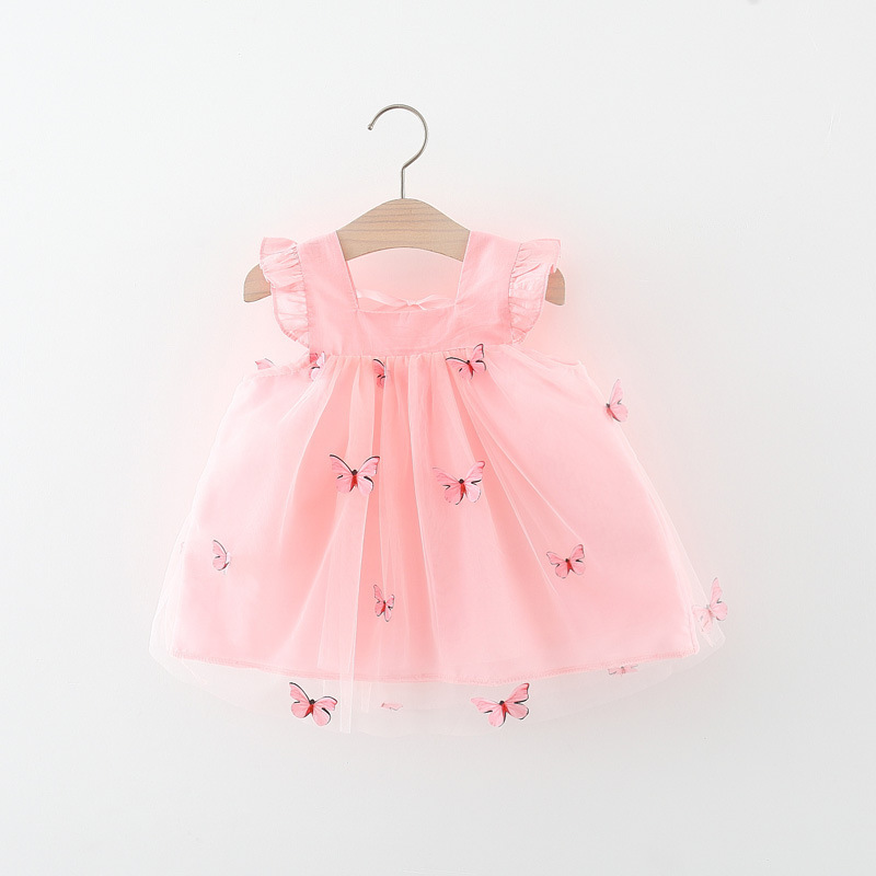 2023  Summer Wholesale Boutique Girls Sweet Dress Fly Sleeve Square Neck 3D Butterfly Tutu Tulle Dress Infant Clothing