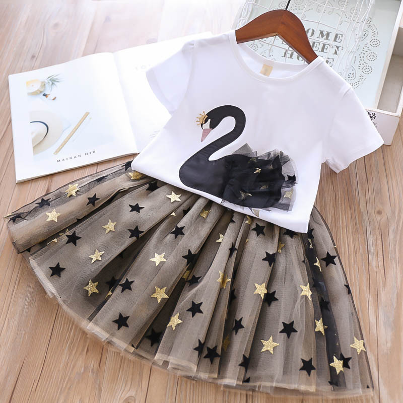 2021 girls summer clothes sets swan shirt lace tutu skirts 2pcs outfit for girls kids star sequin clothes