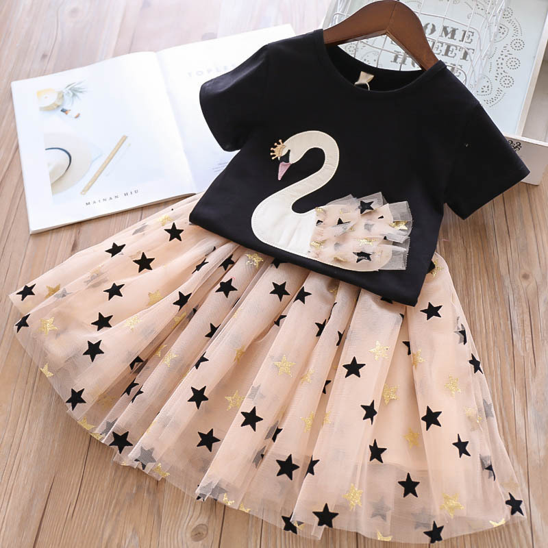 2021 girls summer clothes sets swan shirt lace tutu skirts 2pcs outfit for girls kids star sequin clothes