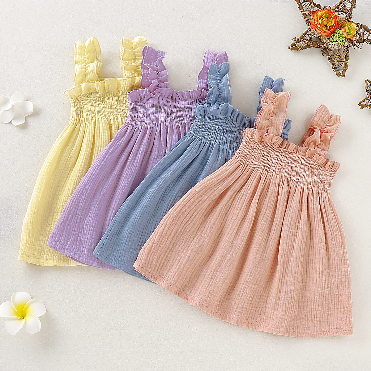 Girls Sling Dresses Summer Children Clothes 2022 Ruffles Toddler Solid Frock Baby Cotton Sleeveless Kids Princess Sundress