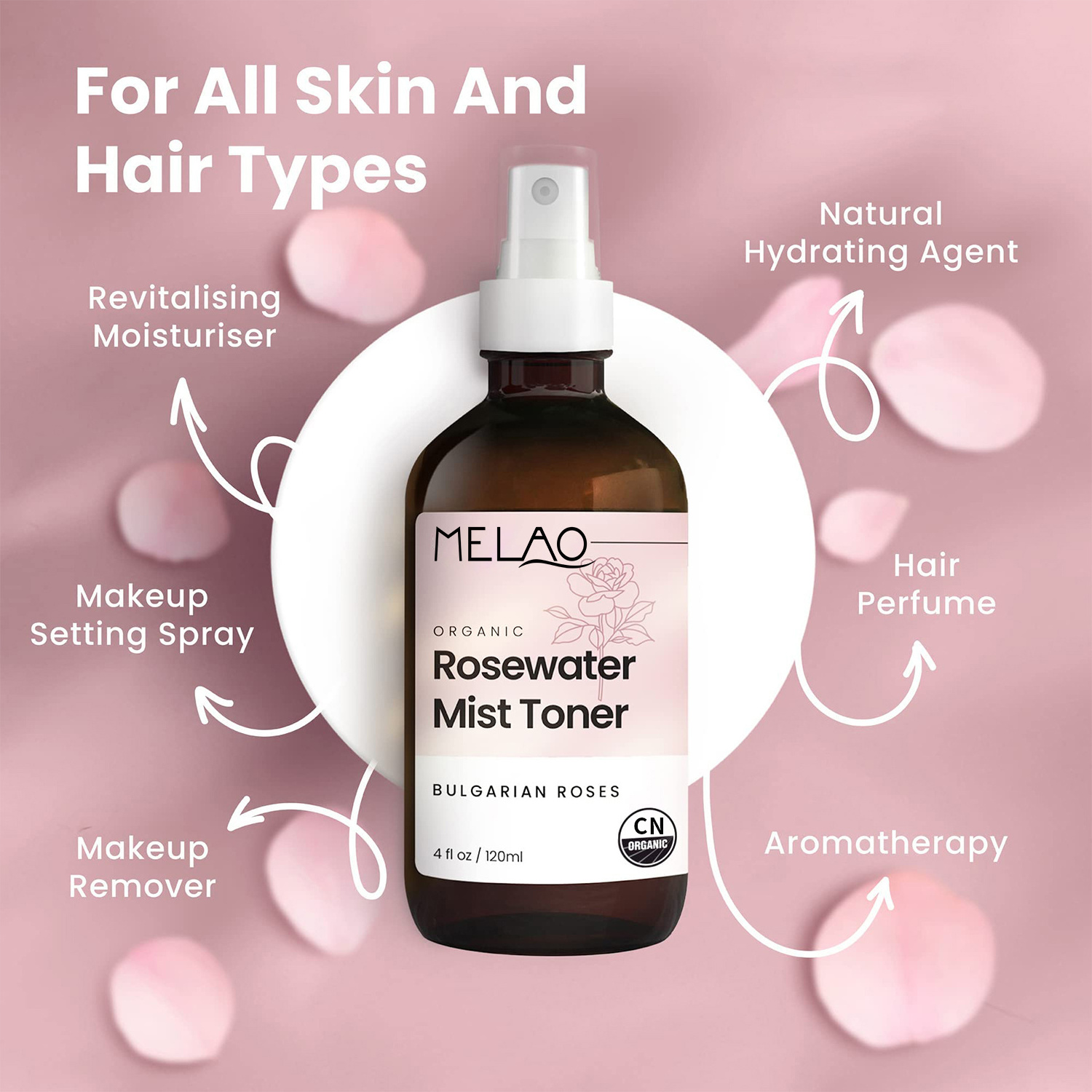 Customised MELAO Face Care Organic Water Nourishing Skin Improve Dullness Anti Aging Rose Facial Toner Spray