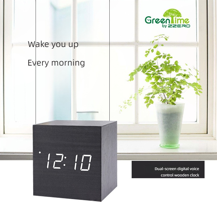 Wood Alarm Clock Digital LED Light Wooden Mini Cube with Date and Temperature for Travel Kids Bedroom Square Wooden