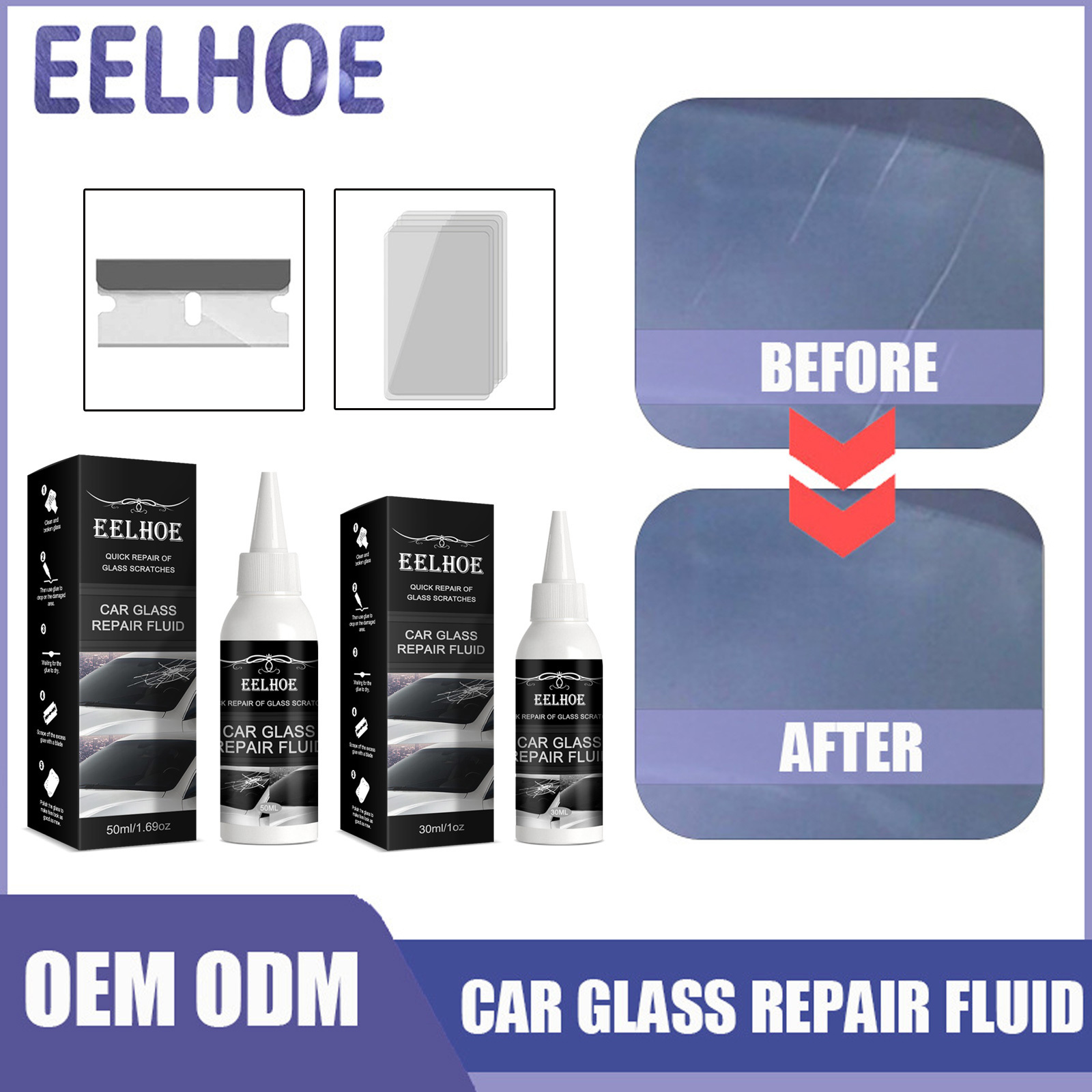 EELHOE 30/50ML  Car Glass Repair Fluid Quick Repair Of Glass Scratches Quick Fix for Chips Cracks