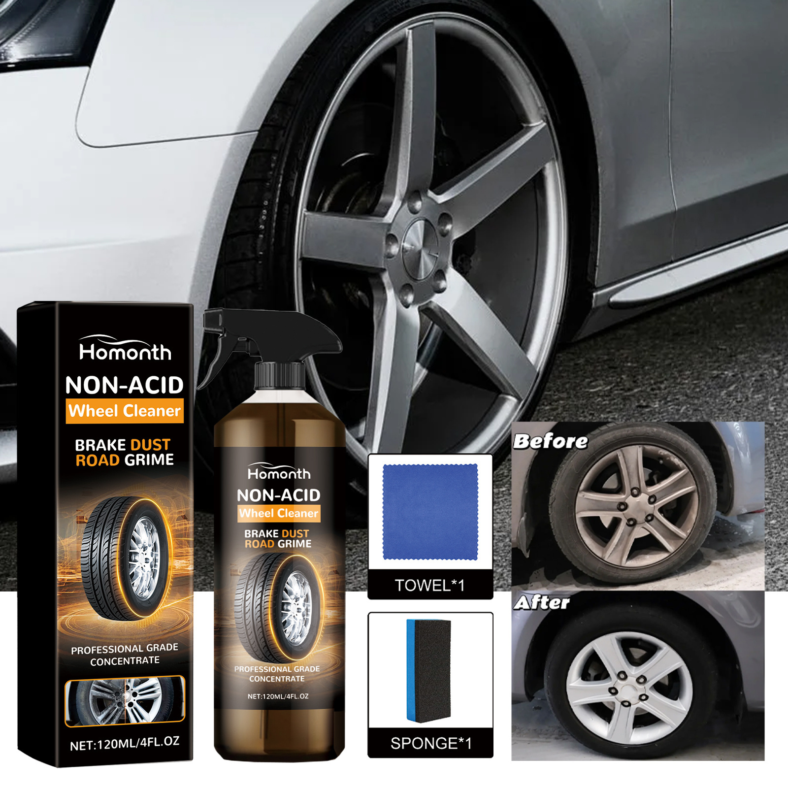 2024 New  Arrival HOMONTH  Non-Acid Wheel Cleaner Car Wheel Hub Cleaner Agent 120ML