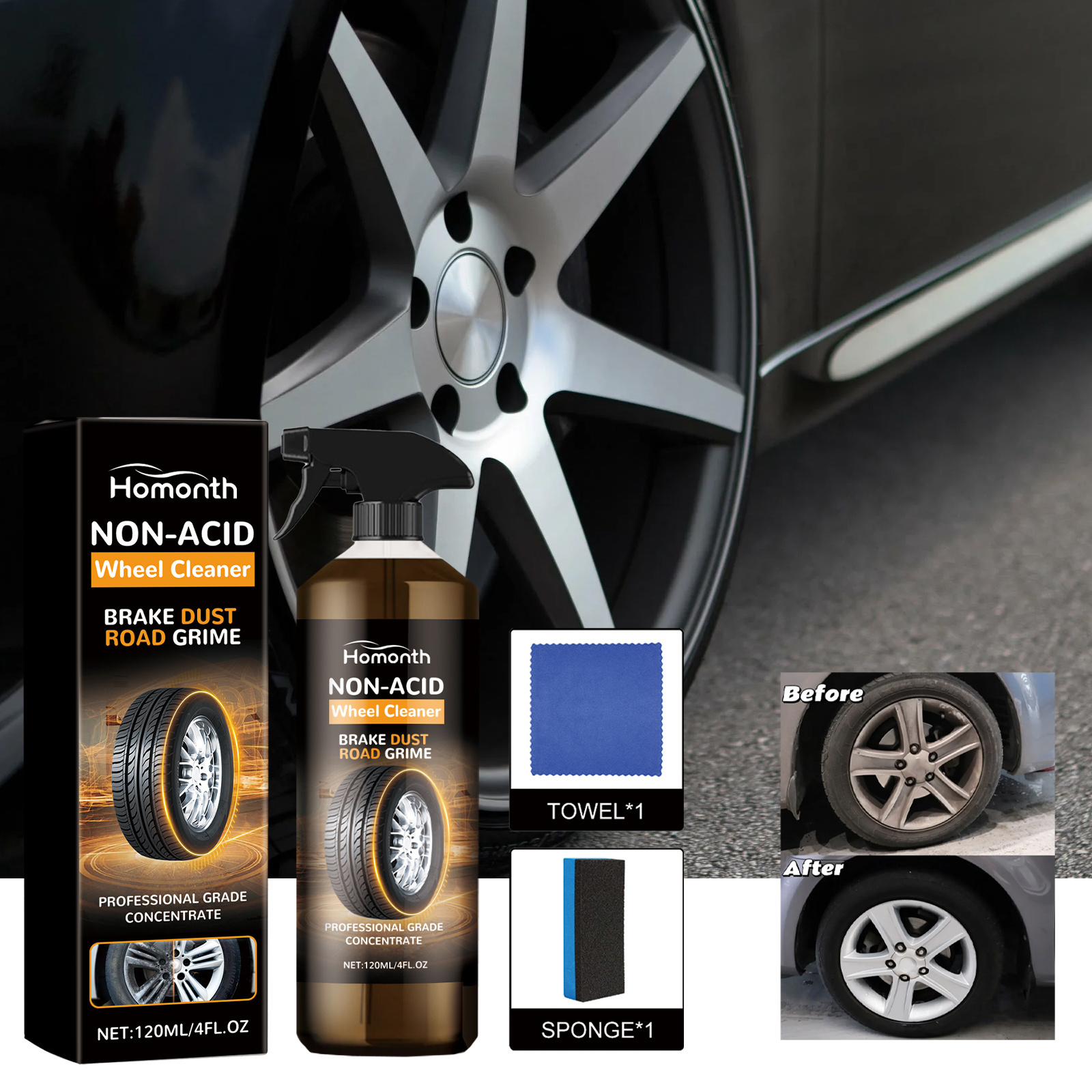 2024 New  Arrival HOMONTH  Non-Acid Wheel Cleaner Car Wheel Hub Cleaner Agent 120ML