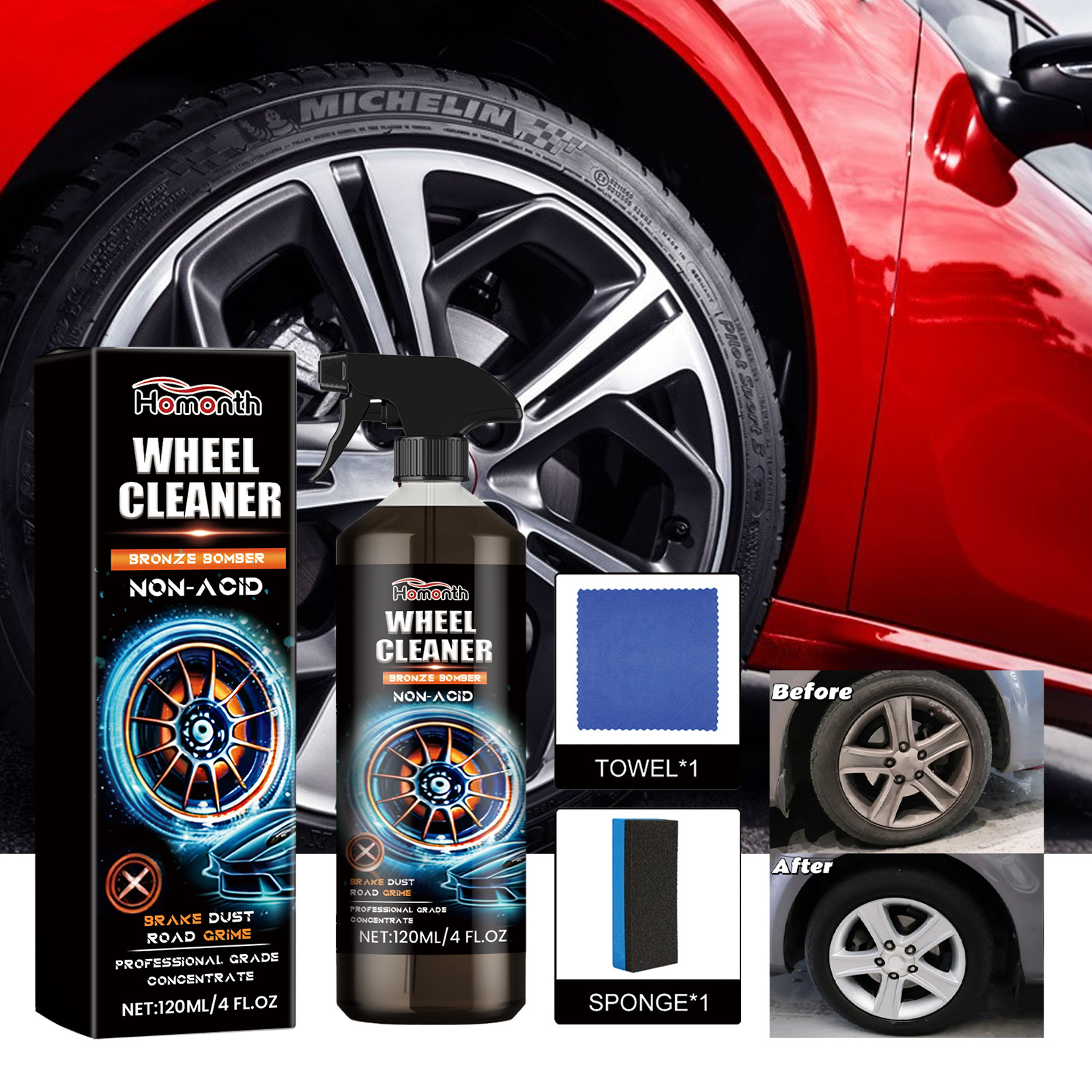 HOMONTH  Non-Acid Powerful Wheel Cleaner Perfect for Cleaning Wheels and Tires Automobile Wheel Cleaner 120ml