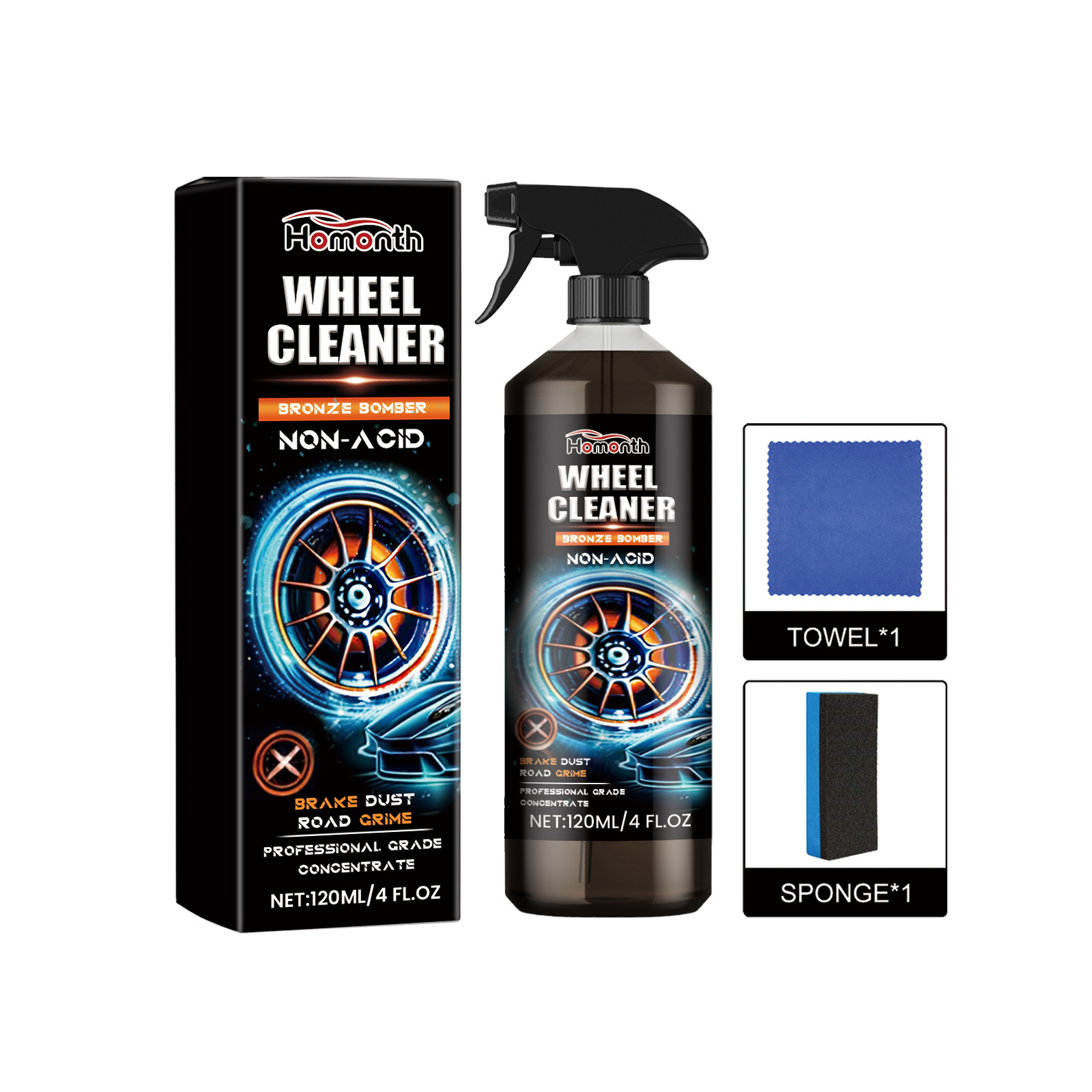 HOMONTH  Non-Acid Powerful Wheel Cleaner Perfect for Cleaning Wheels and Tires Automobile Wheel Cleaner 120ml