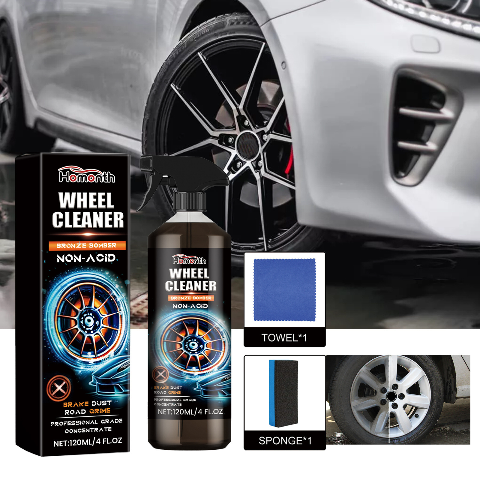 HOMONTH  Non-Acid Powerful Wheel Cleaner Perfect for Cleaning Wheels and Tires Automobile Wheel Cleaner 120ml