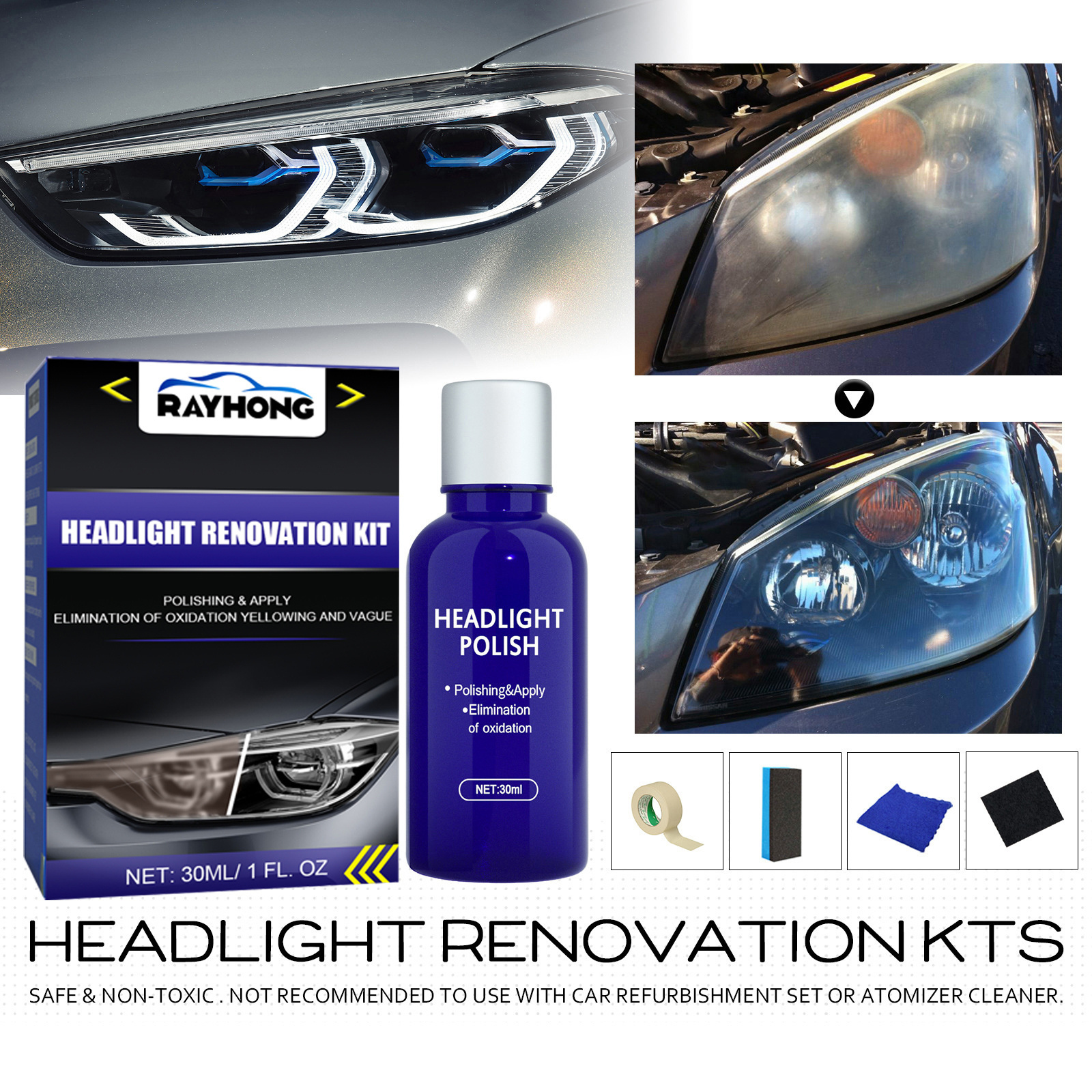 RAYHONG Car Headlamp Cleaning Repair Restoration Auto Headlights Renovation Polishing Agent Oxidated Headlight Repair Kit