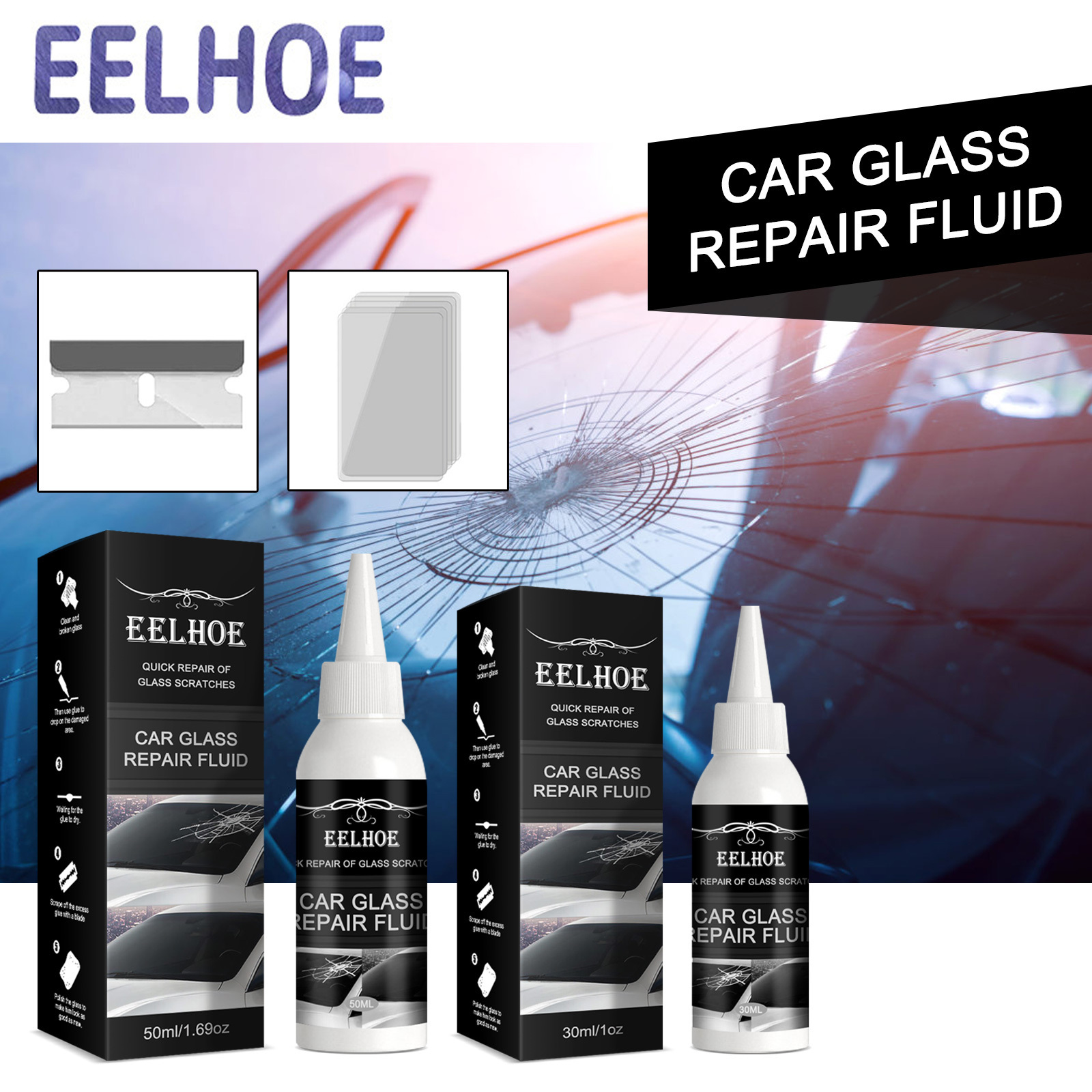 EELHOE 30/50ML  Car Glass Repair Fluid Quick Repair Of Glass Scratches Quick Fix for Chips Cracks