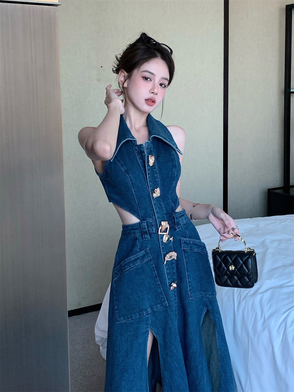 Ready To Ship Stocks Lady Jean Split Elegant Sleeveless Women Sexy Denim Dresses