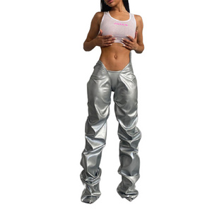 2022 Summer Hot Styles Pleated Silver Sexy Straight Low Waist Women PU Leather Pants