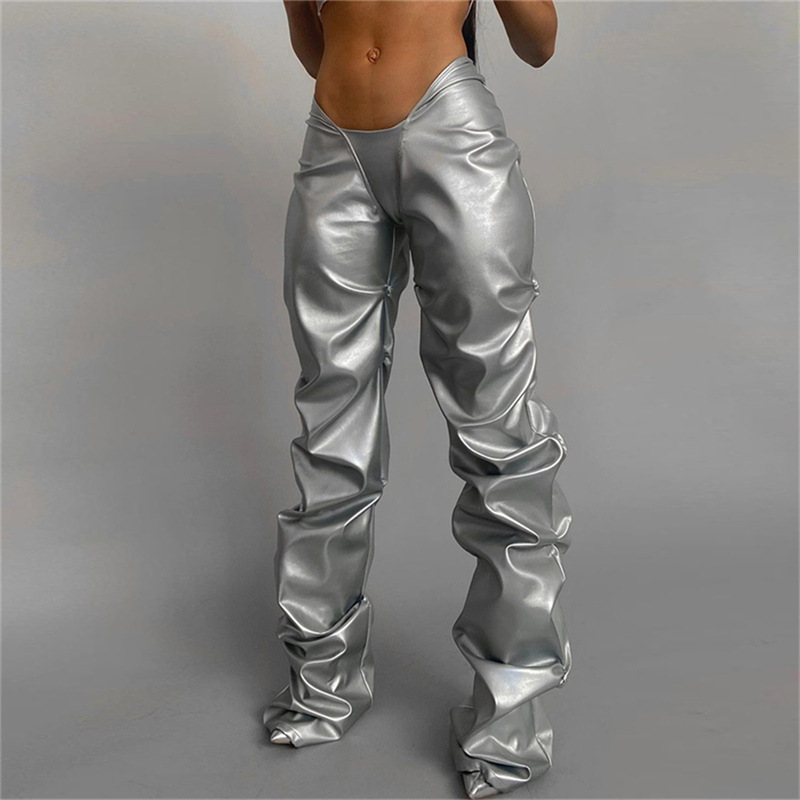 2022 Summer Hot Styles Pleated Silver Sexy Straight Low Waist Women PU Leather Pants