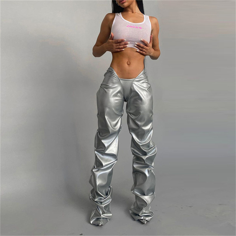 2022 Summer Hot Styles Pleated Silver Sexy Straight Low Waist Women PU Leather Pants