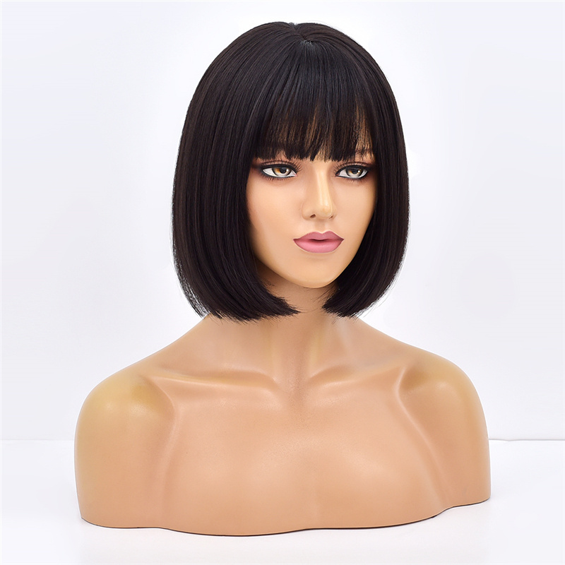 Ainizi 12'' short bob black machine made elegant fashion synthetic hair wigs with bangs for women