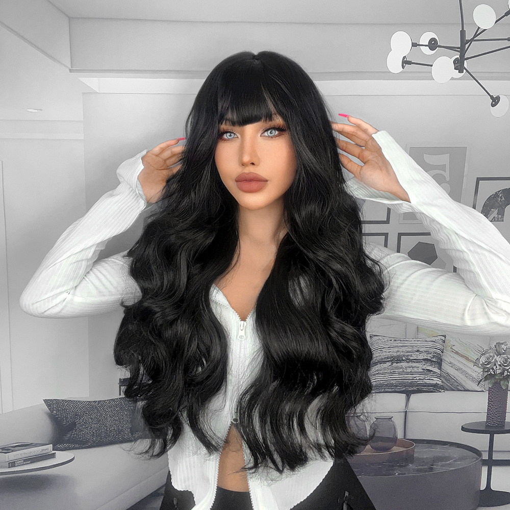 Ainizi wholesale supplier High Quality Black Color Body Wave With Bangs Heat Resistant Woman Fashion Daily Synthetic Wigs