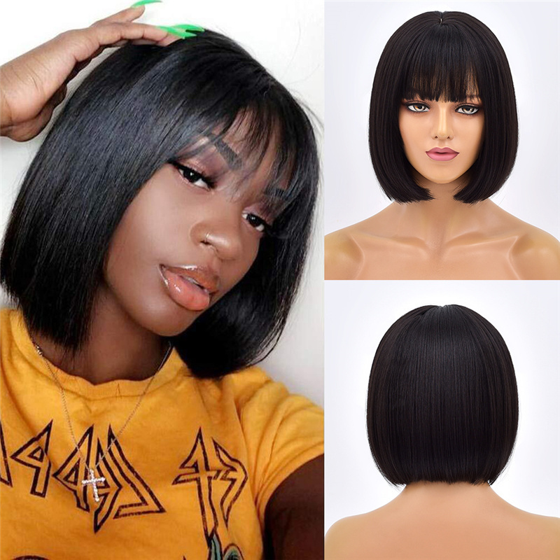 Ainizi 12'' short bob black machine made elegant fashion synthetic hair wigs with bangs for women