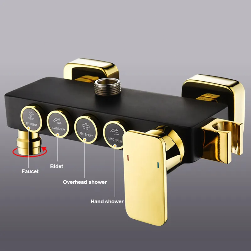 Hot Selling Square Black Gold Bathroom Shower Faucet Sets Head Shower Column Hot Cold Thermostatic Shower System