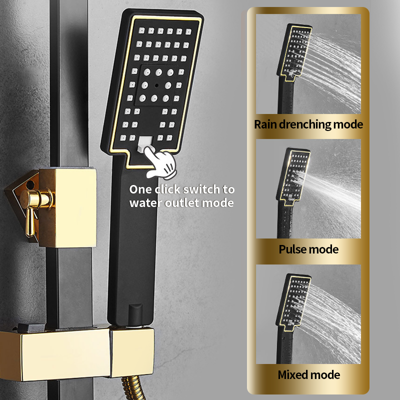 Hot Selling Square Black Gold Bathroom Shower Faucet Sets Head Shower Column Hot Cold Thermostatic Shower System