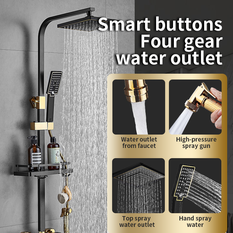 Hot Selling Square Black Gold Bathroom Shower Faucet Sets Head Shower Column Hot Cold Thermostatic Shower System