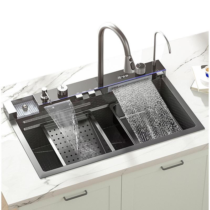 Modern LED Digital Display Waterfall Single Bowl Black Multifunctional Undermount 304 Stainless Steel Smart Kitchen Sinks