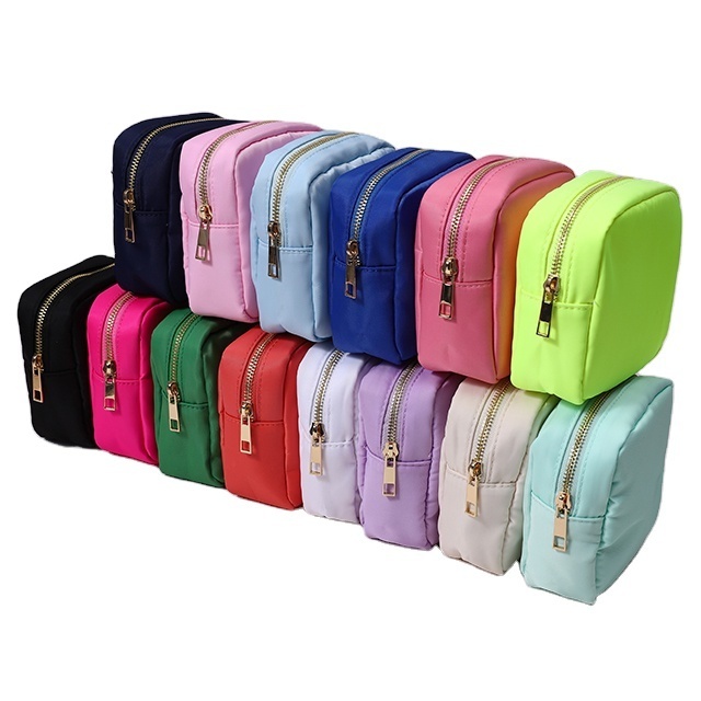 stock New candy color with Chenille letter patches customized makeup bag nylon pouch Neon cosmetic bag