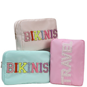 stock New candy color with Chenille letter patches customized makeup bag nylon pouch Neon cosmetic bag