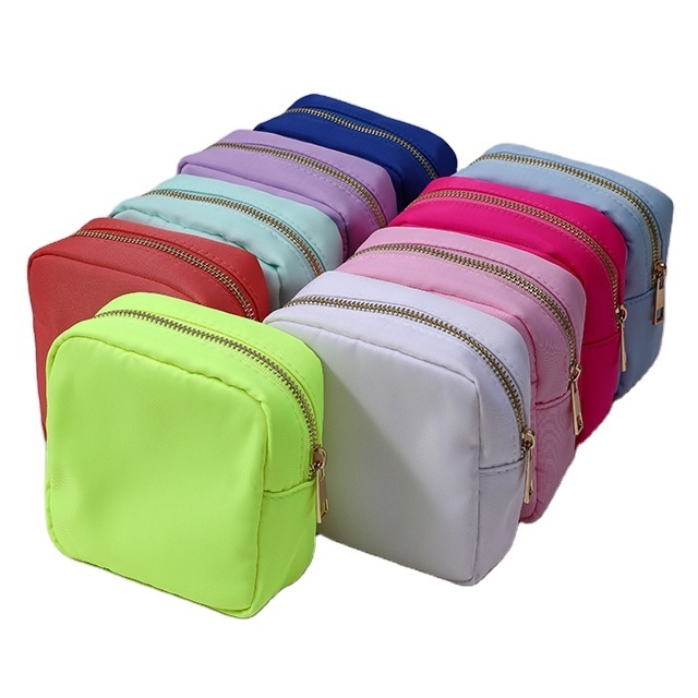 stock New candy color with Chenille letter patches customized makeup bag nylon pouch Neon cosmetic bag