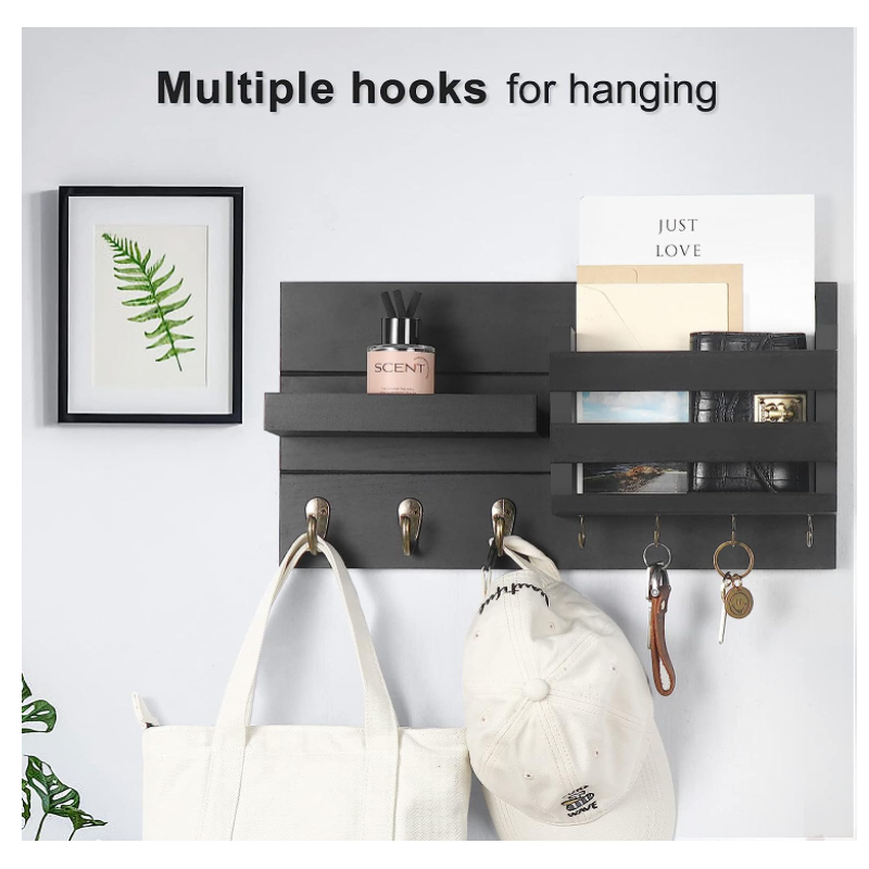 Custom Design Wood Key Holder Mail Organizer For Wall Mount Key Holder With Shelf Includes Letter Holder And Hooks for Coats