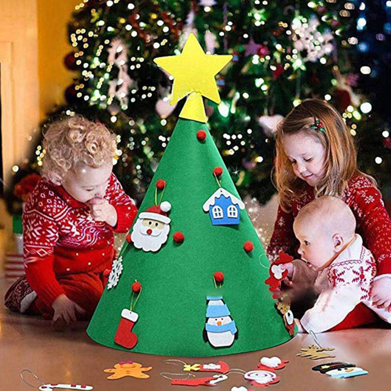 window Wall Decorations Hanging Kids DIY xmas 30Pcs Ornaments felt christmas tree with LED string lights