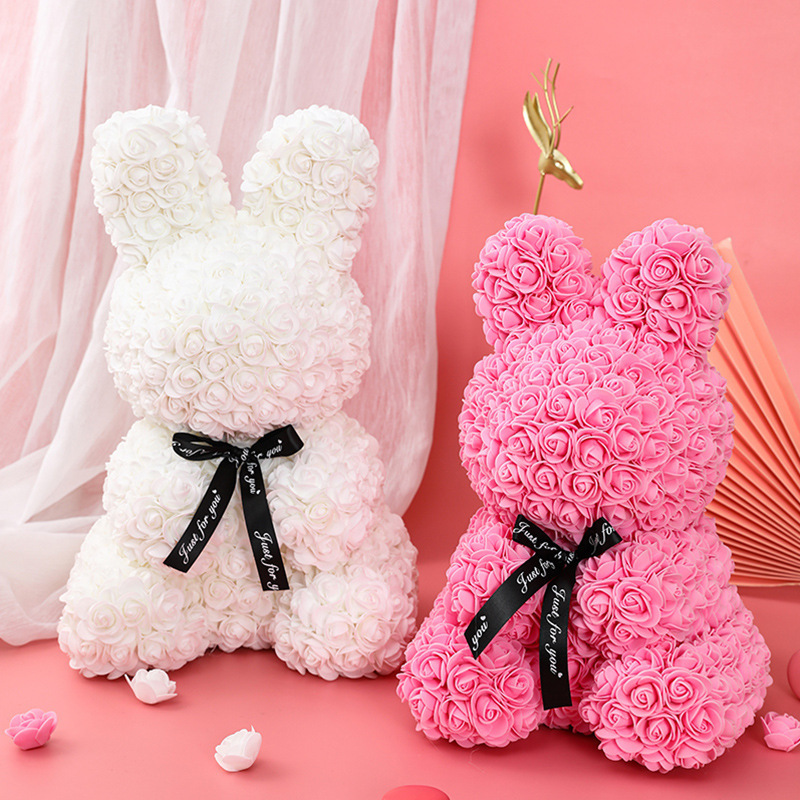 Wholesale 2024 Christmas Valentines Day Gift Eternal Preserved Rose Rabbit 27cm PE Foam Rose Rabbit Gifts with Box for Women Girls