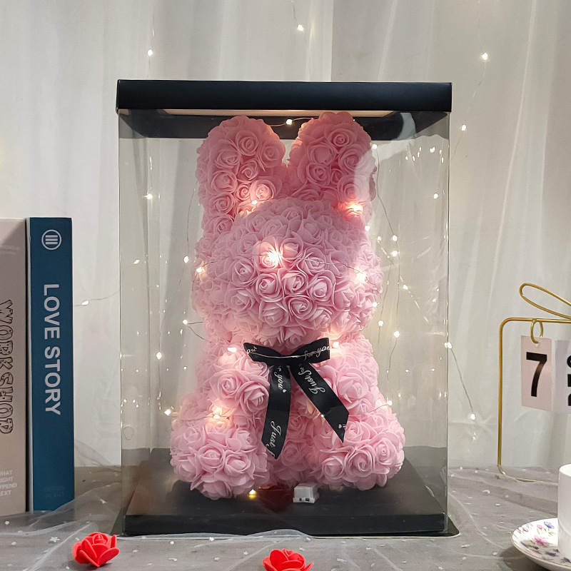 Wholesale 2024 Christmas Valentines Day Gift Eternal Preserved Rose Rabbit 27cm PE Foam Rose Rabbit Gifts with Box for Women Girls