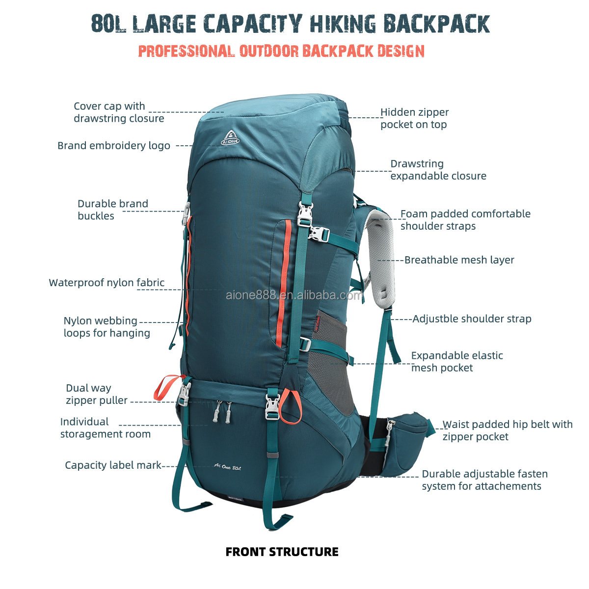 outdoor sports waterproof hiking backpack bags custom logo large capacity backpacking ergonomic carrier hiking backpack 80l