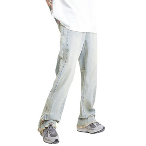 AIPA 2022 High Quality Us Washed Ripped Mens Denim Jeans Blank Loose Micro Flared Jeans Wholesale