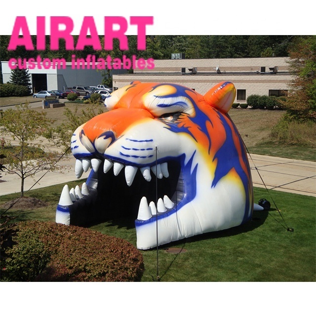 Big tiger head shape outdoor decoration vivid inflatable sports tunnel for sale