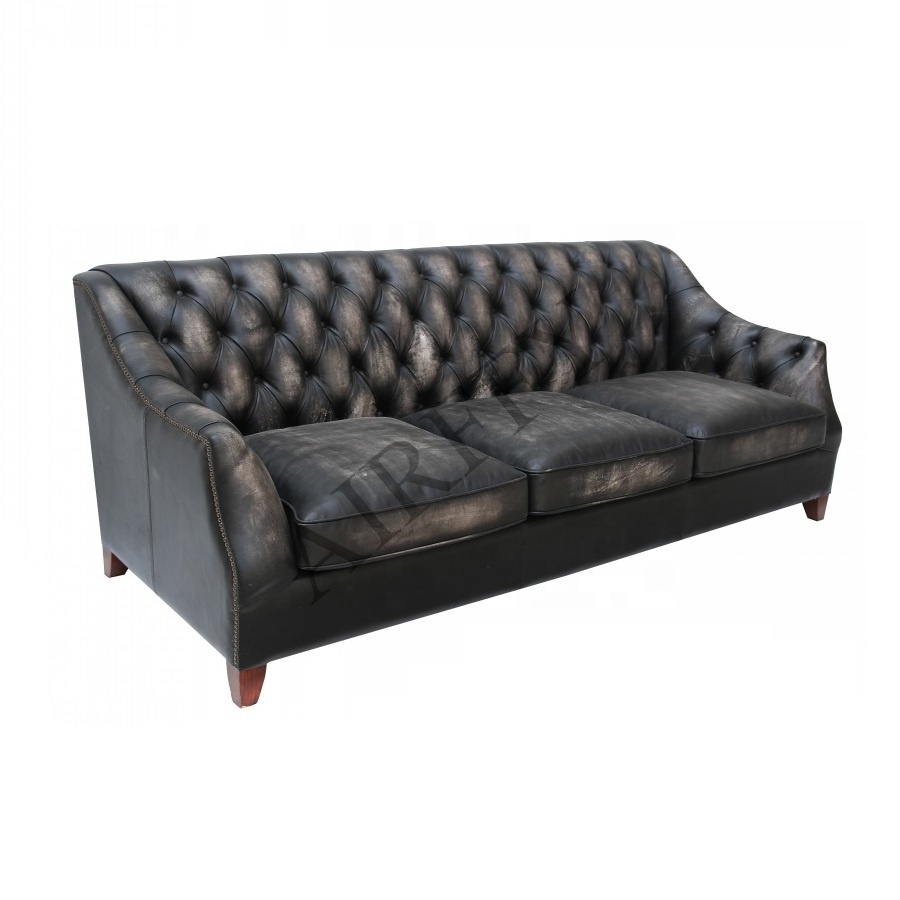 AIRFFY OEM/ODM Antique Black Leather couch Button Tufted Upholstered Leather Sofa set for Villa Living room Hotel Club Furniture