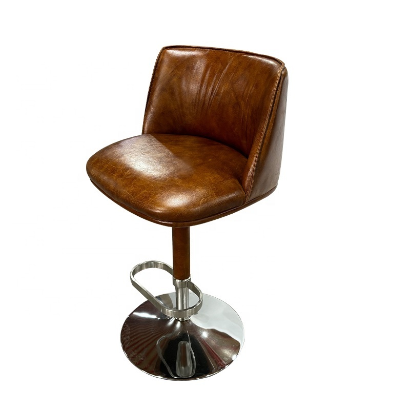 Adjustable Vintage Industrial Luxury Leather Bar Stool Retro Stainless Steel Genuine Leather Swivel Lift Bar Chair stools