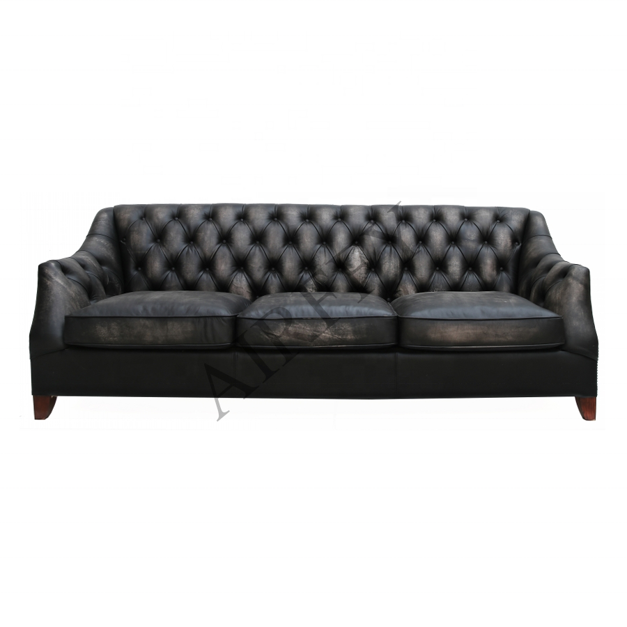 AIRFFY OEM/ODM Antique Black Leather couch Button Tufted Upholstered Leather Sofa set for Villa Living room Hotel Club Furniture